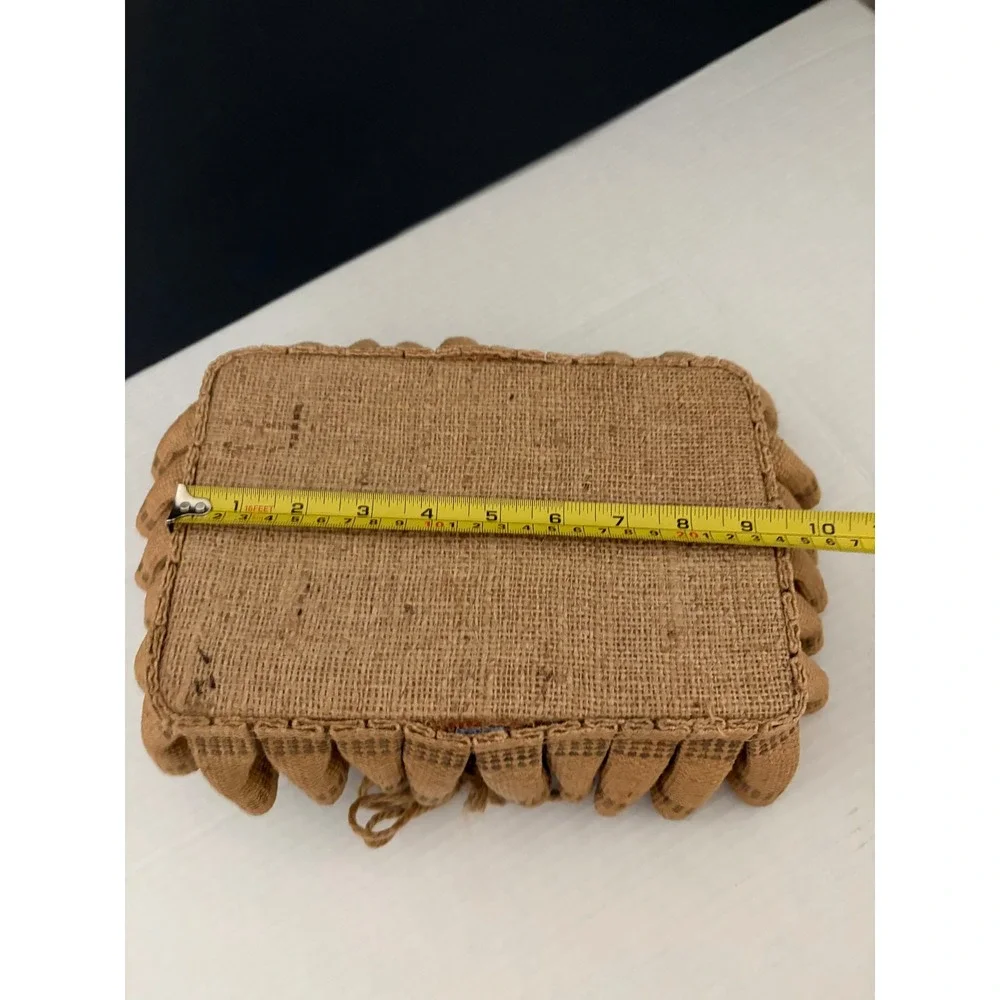 VTG Handmade Burlap Basket Farmhouse Primitive Rustic‎ Tan Blue Floral Handle